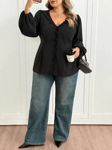 SHEIN CURVE+ 女款大尺碼 22W 時尚蕾絲長袖襯衫，秋冬款 - 黑色 - 查看 5
