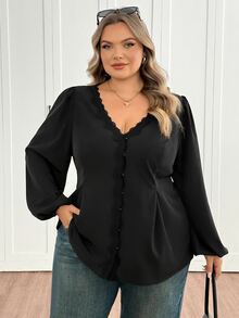 SHEIN CURVE+ 女款大尺碼 22W 時尚蕾絲長袖襯衫，秋冬款 - 黑色 - 查看 6