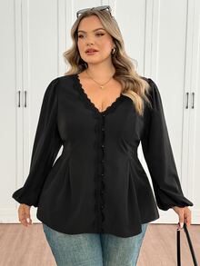 SHEIN CURVE+ 女款大尺碼 22W 時尚蕾絲長袖襯衫，秋冬款 - 黑色 - 查看 4