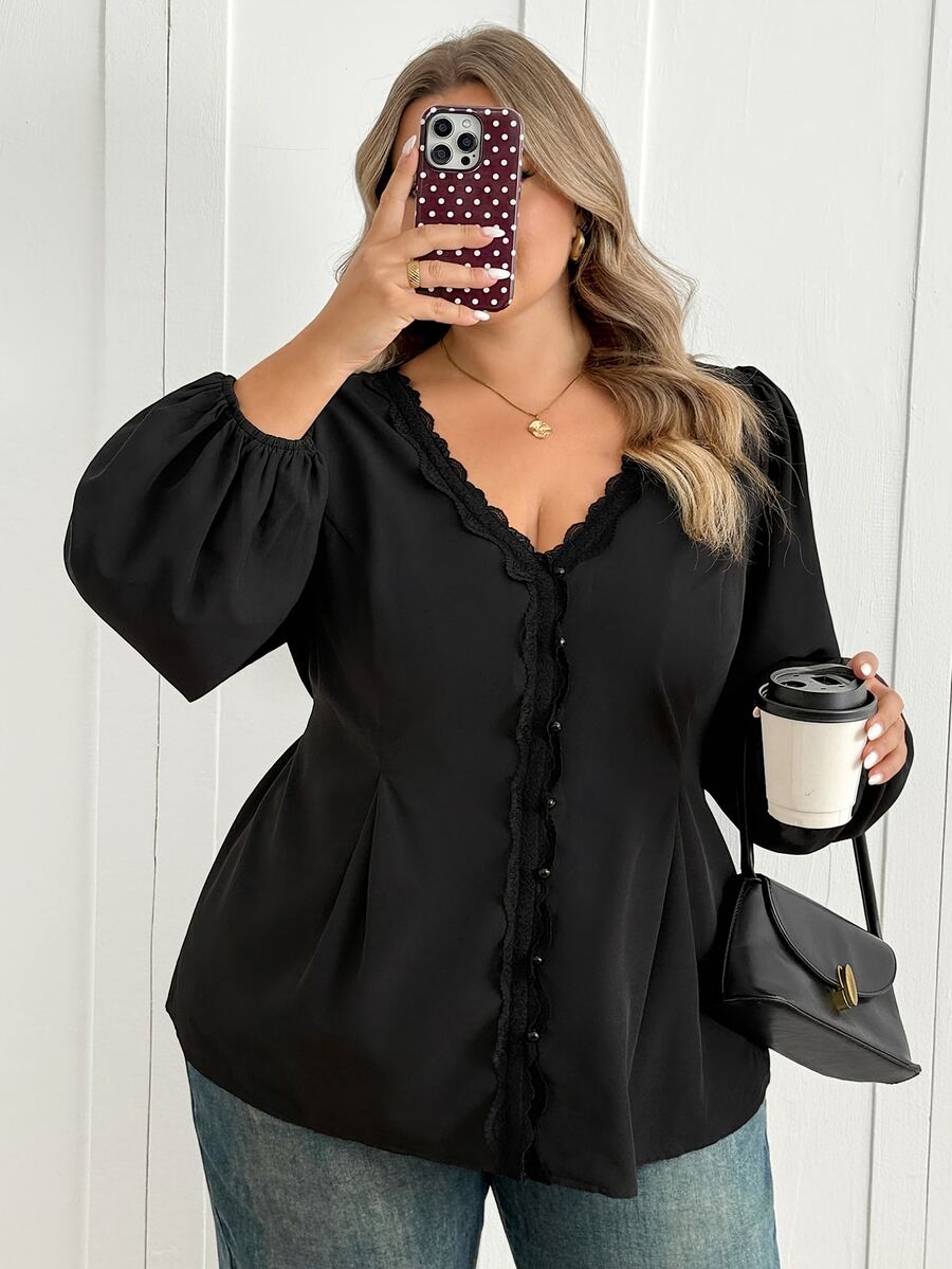 SHEIN CURVE+ 女款大尺碼 22W 時尚蕾絲長袖襯衫,秋冬款 - 黑色 - 查看 1
