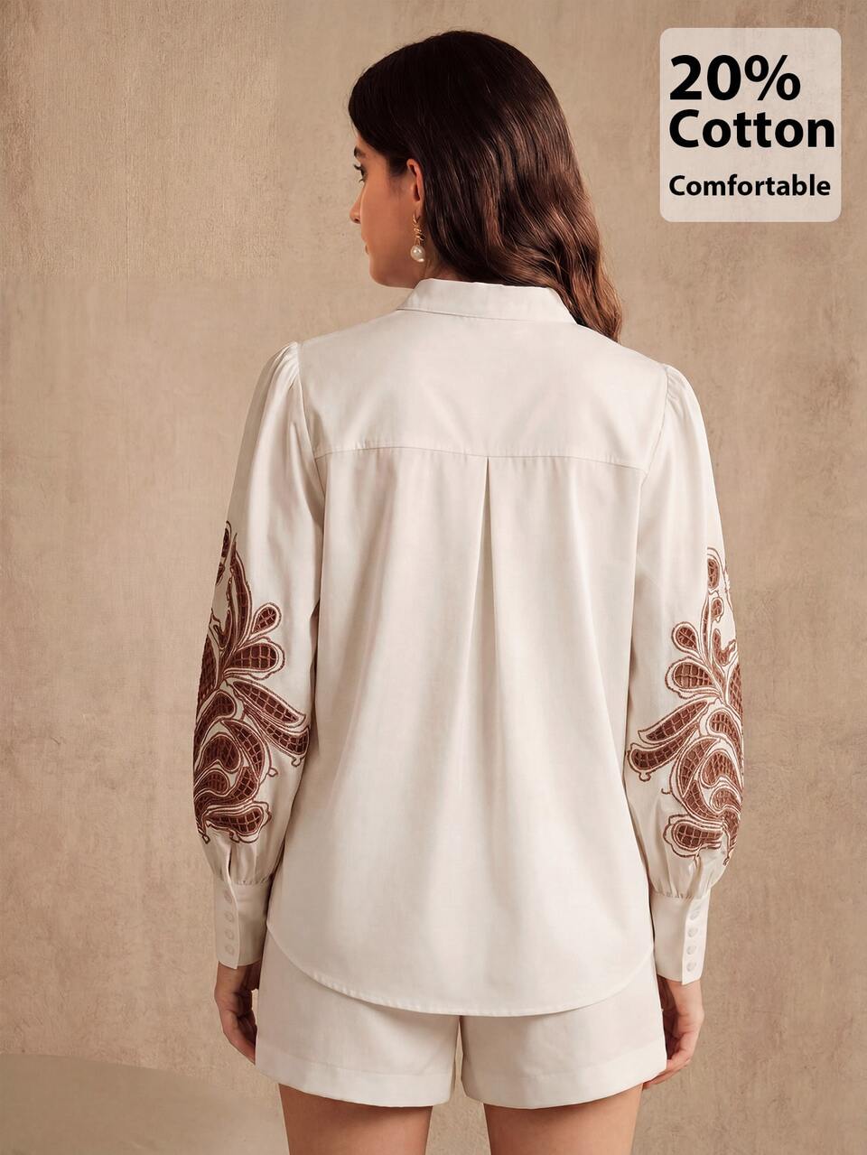 Anewsta Women's Autumn/Winter Elegant Halloween Christmas Heavy Craft Hollow-Out Applique Embroidered Solid Color Long Sleeve Loose Blouse