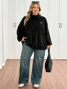 SHEIN CURVE+ Sweatshirt Fleece Teddy Wanita Ukuran Besar Musim Gugur/Dingin, Kerah Tinggi, Bahu Longgar, Motif Huruf, Cocok untuk Ukuran 5XL-8XL - Hitam - View 6