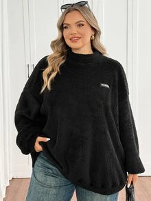 SHEIN CURVE+ Sweatshirt Fleece Teddy Wanita Ukuran Besar Musim Gugur/Dingin, Kerah Tinggi, Bahu Longgar, Motif Huruf, Cocok untuk Ukuran 5XL-8XL - Hitam - View 4