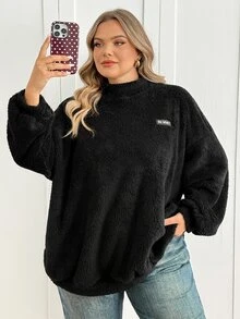 SHEIN CURVE+ Sweatshirt Fleece Teddy Wanita Ukuran Besar Musim Gugur/Dingin, Kerah Tinggi, Bahu Longgar, Motif Huruf, Cocok untuk Ukuran 5XL-8XL - Hitam - View 5