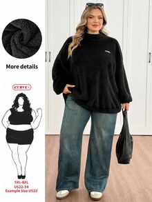 SHEIN CURVE+ Sweatshirt Fleece Teddy Wanita Ukuran Besar Musim Gugur/Dingin, Kerah Tinggi, Bahu Longgar, Motif Huruf, Cocok untuk Ukuran 5XL-8XL - Hitam - View 7