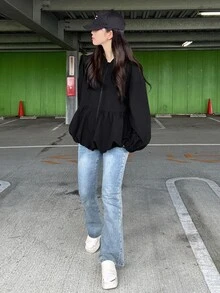 FRIFUL Women's Korean Autumn Solid Color Hooded Jacket For Middle-Aged Women - Black - View 7