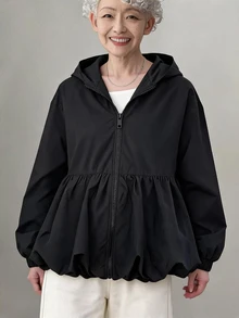 FRIFUL Women's Korean Autumn Solid Color Hooded Jacket For Middle-Aged Women - Black - View 9