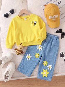SHEIN 2pcs Baby Girl Floral Pattern Knit Soft Crew Neck Long Sleeve Sweatshirt And Long Autumn Pants Set - Yellow - View 4