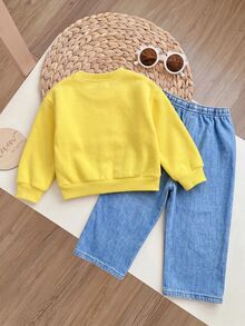 SHEIN 2pcs Baby Girl Floral Pattern Knit Soft Crew Neck Long Sleeve Sweatshirt And Long Autumn Pants Set - Yellow - View 2