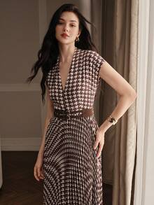 Anewsta New Women's Designer Print Waist-Cinching Short Sleeve Dress - Brown - View 7