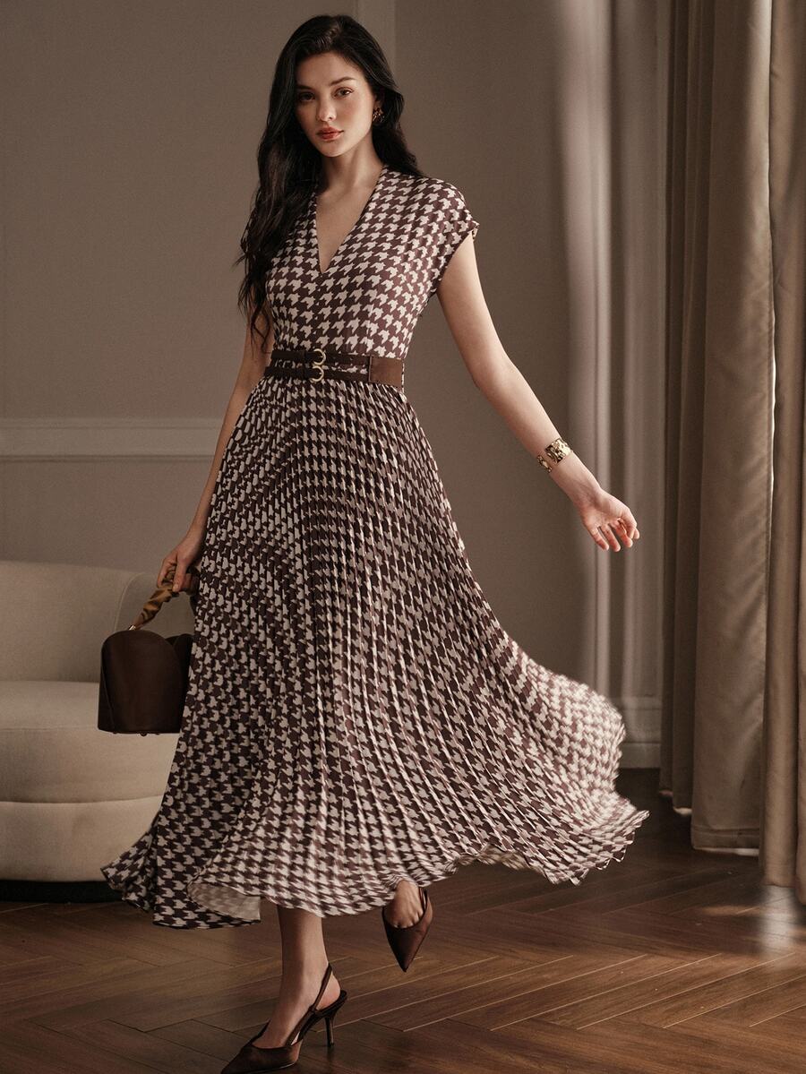 Anewsta New Women's Designer Print Waist-Cinching Short Sleeve Dress