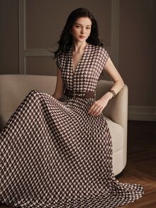 Anewsta New Women's Designer Print Waist-Cinching Short Sleeve Dress - Brown - View 4