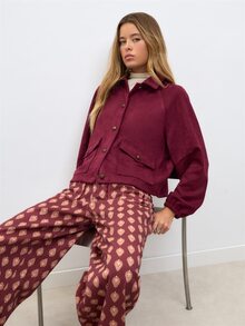 Nöista  Suede Jacket, Button Front And Flap Pockets. Fall,Autumn Winter, Halloween, Layering, Everyday Look, Outerwear, Event, Office, Back To School.. - Burgundy - View 4