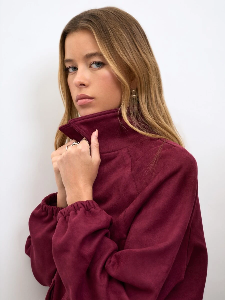 Nöista  Suede Jacket, Button Front And Flap Pockets. Fall,Autumn Winter, Halloween, Layering, Everyday Look, Outerwear, Event, Office, Back To School.. - Burgundy - View 1
