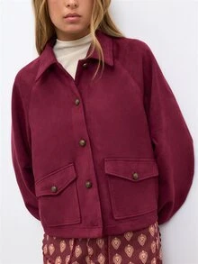 Nöista  Suede Jacket, Button Front And Flap Pockets. Fall,Autumn Winter, Halloween, Layering, Everyday Look, Outerwear, Event, Office, Back To School.. - Burgundy - View 2