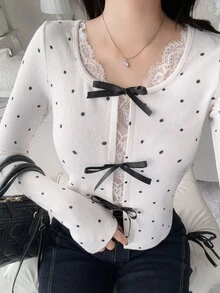 FRIFUL Women's Polka Dot Lace Patchwork Casual Versatile Long Sleeve Jacket Fall - Beige - View 4