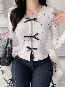 FRIFUL Women's Polka Dot Lace Patchwork Casual Versatile Long Sleeve Jacket Fall - Beige - View 3