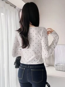 FRIFUL Women's Polka Dot Lace Patchwork Casual Versatile Long Sleeve Jacket Fall - Beige - View 2