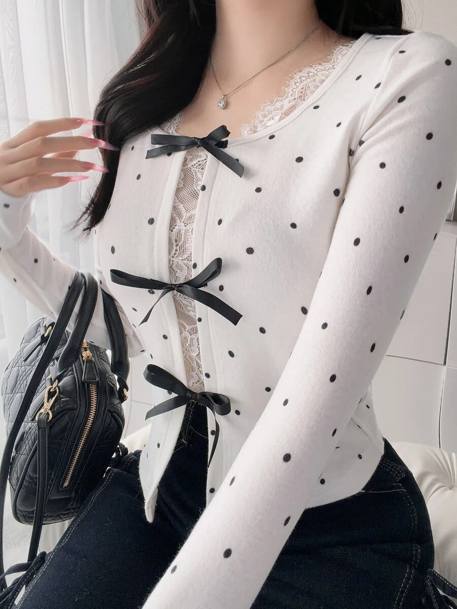 FRIFUL Women's Polka Dot Lace Patchwork Casual Versatile Long Sleeve Jacket Fall - Beige - View 1