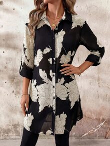 Editum Women's Elegant European Tropical Sexy Casual Commute Vacation Brunch Floral Print Blouse Black And White Summer Holiday - Multicolor - View 5