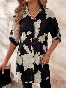 Editum Women's Elegant European Tropical Sexy Casual Commute Vacation Brunch Floral Print Blouse Black And White Summer Holiday - Multicolor - View 6