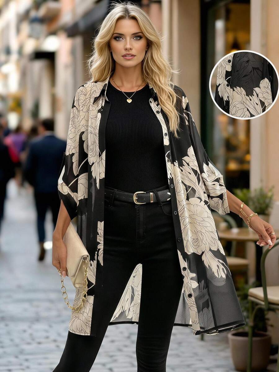 Editum Women's Elegant European Tropical Sexy Casual Commute Vacation Brunch Floral Print Blouse Black And White Summer Holiday
