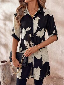 Editum Women's Elegant European Tropical Sexy Casual Commute Vacation Brunch Floral Print Blouse Black And White Summer Holiday - Multicolor - View 7