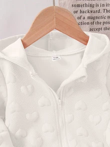SHEIN Playful Pals 1pc Toddler Baby Girl Hooded Zipper Jacket Sweet White 3D Embossed Heart Pattern Long Sleeve Hooded Regular Birthday Party Fall Autumn Princess Ribbed - White - View 8