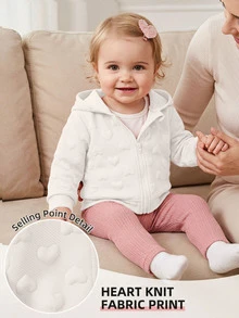 SHEIN Playful Pals 1pc Toddler Baby Girl Hooded Zipper Jacket Sweet White 3D Embossed Heart Pattern Long Sleeve Hooded Regular Birthday Party Fall Autumn Princess Ribbed - White - View 3