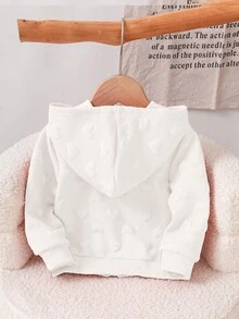 SHEIN Playful Pals 1pc Toddler Baby Girl Hooded Zipper Jacket Sweet White 3D Embossed Heart Pattern Long Sleeve Hooded Regular Birthday Party Fall Autumn Princess Ribbed - White - View 2