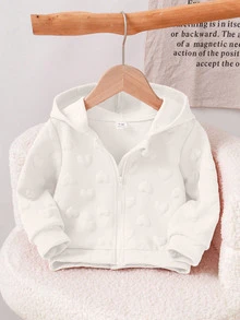 SHEIN Playful Pals 1pc Toddler Baby Girl Hooded Zipper Jacket Sweet White 3D Embossed Heart Pattern Long Sleeve Hooded Regular Birthday Party Fall Autumn Princess Ribbed - White - View 1