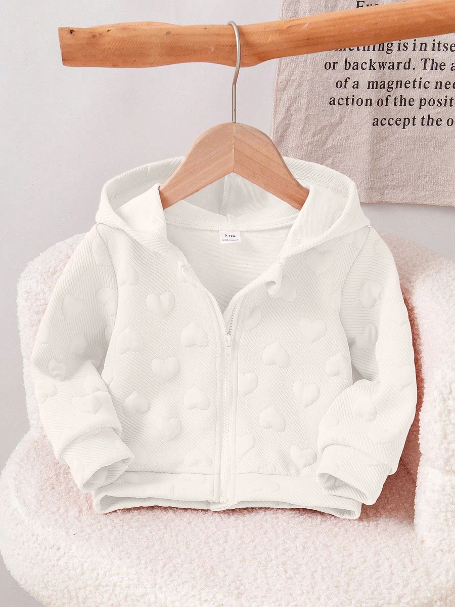 SHEIN Playful Pals 1pc Toddler Baby Girl Hooded Zipper Jacket Sweet White 3D Embossed Heart Pattern Long Sleeve Hooded Regular Birthday Party Fall Autumn Princess Ribbed - White - View 1