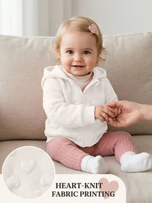 SHEIN Playful Pals 1pc Toddler Baby Girl Hooded Zipper Jacket Sweet White 3D Embossed Heart Pattern Long Sleeve Hooded Regular Birthday Party Fall Autumn Princess Ribbed - White - View 5