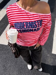 Muchica 女款針織字母印花不對稱肩收腰短版長袖T恤 - 彩色 - 查看 3