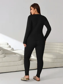 Solflare Plus Size Women's Autumn/Winter Long Sleeve Base Layer Top And Solid Color Pants Set - Black - View 2