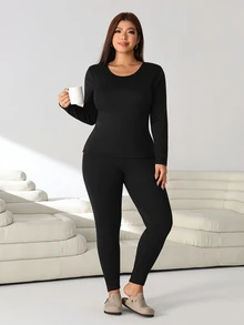 Solflare Plus Size Women's Autumn/Winter Long Sleeve Base Layer Top And Solid Color Pants Set - Black - View 3