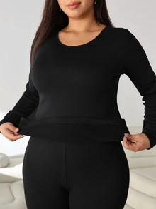 Solflare Plus Size Women's Autumn/Winter Long Sleeve Base Layer Top And Solid Color Pants Set - Black - View 6