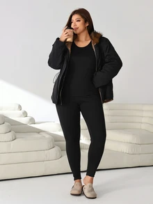 Solflare Plus Size Women's Autumn/Winter Long Sleeve Base Layer Top And Solid Color Pants Set - Black - View 5