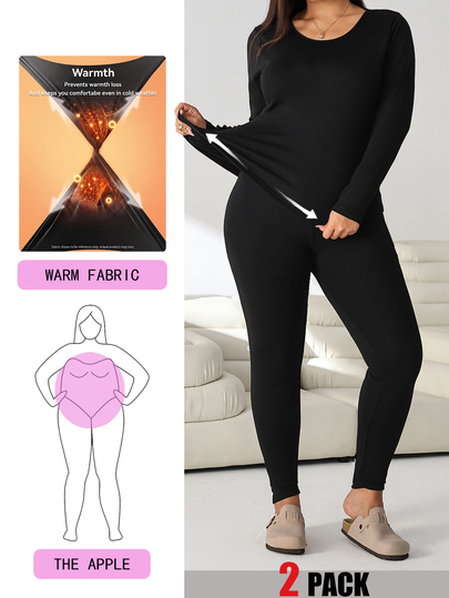 Solflare Plus Size Women's Autumn/Winter Long Sleeve Base Layer Top And Solid Color Pants Set