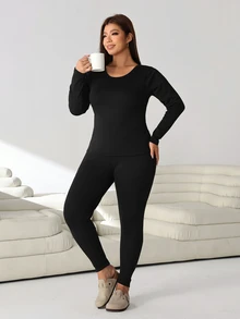 Solflare Plus Size Women's Autumn/Winter Long Sleeve Base Layer Top And Solid Color Pants Set - Black - View 4