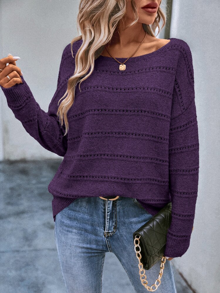 EMERY ROSE Casual Simple Solid Color Drop Shoulder Sweater, Autumn/Winter Knit Pullover Fall - Purple - View 3