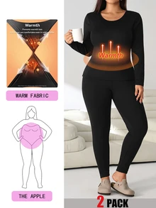 Solflare Plus Size Women's Autumn/Winter Long Sleeve Base Layer Top And Solid Color Pants Set - Black - View 1
