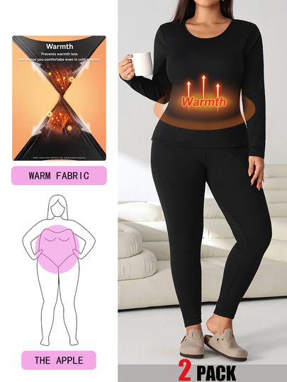Solflare Plus Size Women's Autumn/Winter Long Sleeve Base Layer Top And Solid Color Pants Set