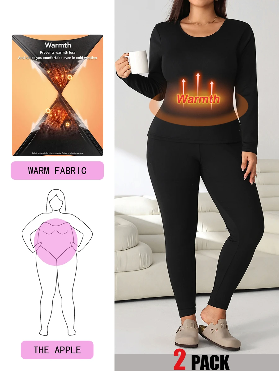 Solflare Plus Size Women's Autumn/Winter Long Sleeve Base Layer Top And Solid Color Pants Set - Black - View 1