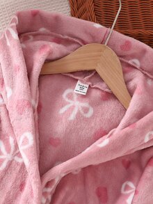 Girls' Long Sleeve Strawberry Print Hooded Long Robe Loungewear, Plush, Autumn/Winter - Dusty Pink - View 5