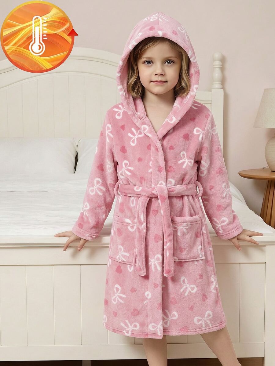 Girls' Long Sleeve Strawberry Print Hooded Long Robe Loungewear, Plush, Autumn/Winter