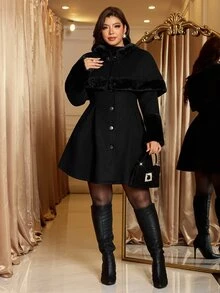 Reflora Plus Size Women Solid Color Patchwork Faux Fur Cape Overcoat Black Autumn Elegante - Black - View 5
