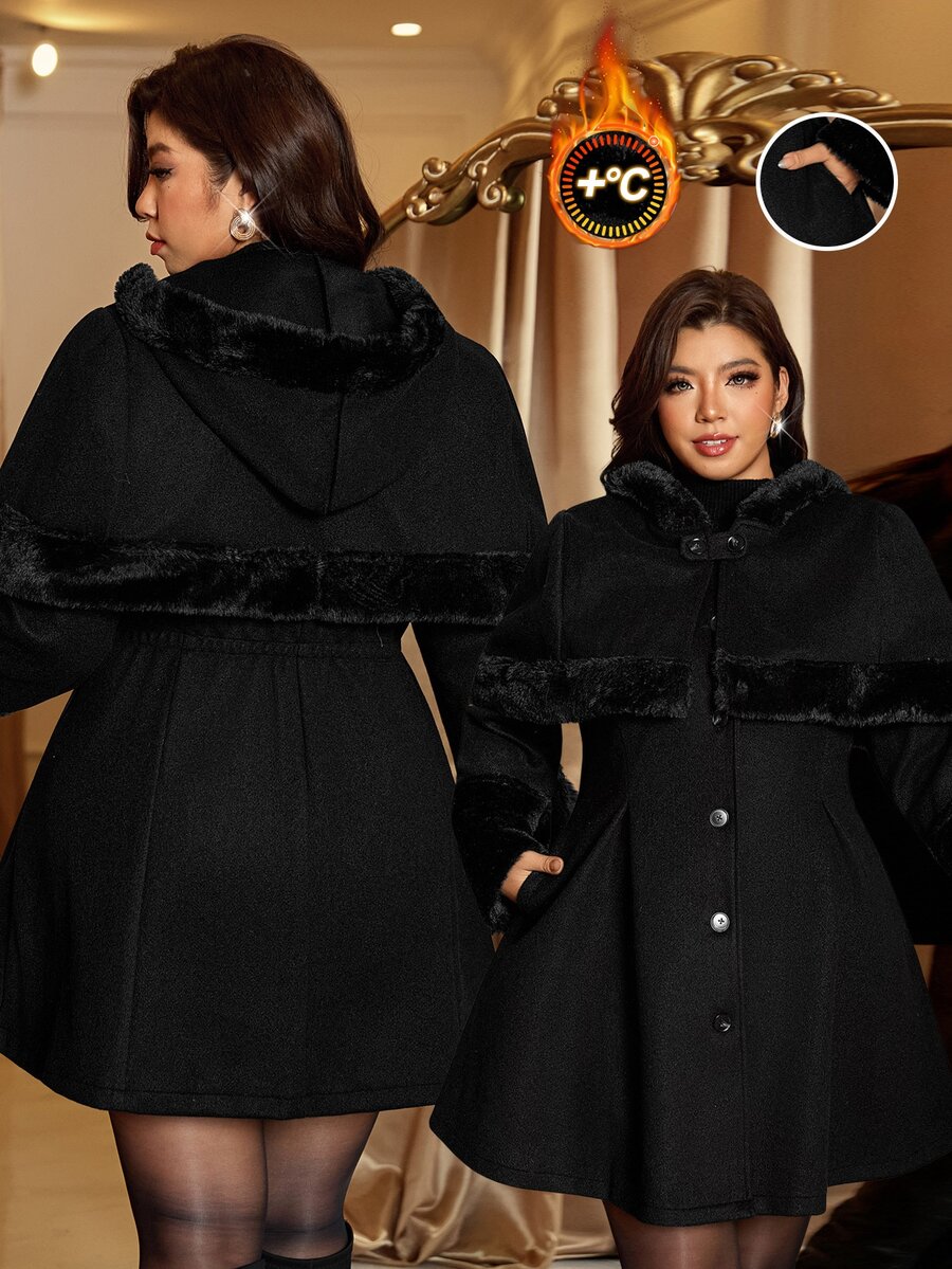 Reflora Plus Size Women Solid Color Patchwork Faux Fur Cape Overcoat Black Autumn Elegante - Black - View 1