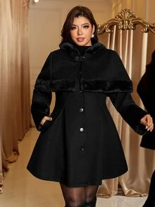 Reflora Plus Size Women Solid Color Patchwork Faux Fur Cape Overcoat Black Autumn Elegante - Black - View 4