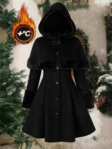 Reflora Plus Size Women Solid Color Patchwork Faux Fur Cape Overcoat Black Autumn Elegante - Black - View 2